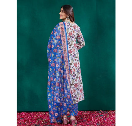 Women's Cotton Blend Printed Kurti With Pant Dupatta Set (Multicolor)