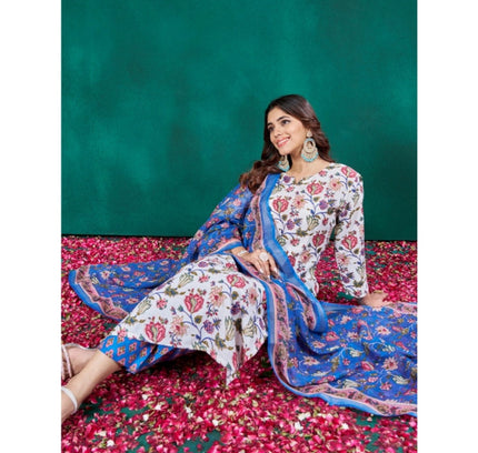 Women's Cotton Blend Printed Kurti With Pant Dupatta Set (Multicolor)