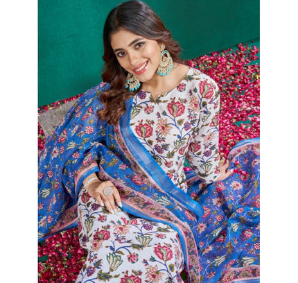 Women's Cotton Blend Printed Kurti With Pant Dupatta Set (Multicolor)