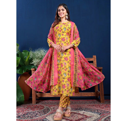Women's Cotton Blend Printed Kurti With Pant Dupatta Set (Yellow)
