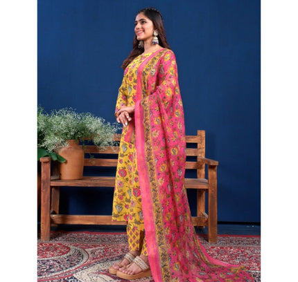 Women's Cotton Blend Printed Kurti With Pant Dupatta Set (Yellow)