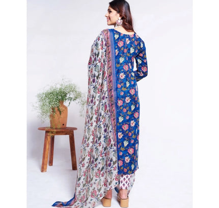 Women's Cotton Blend Printed Kurti With Pant Dupatta Set (Blue)