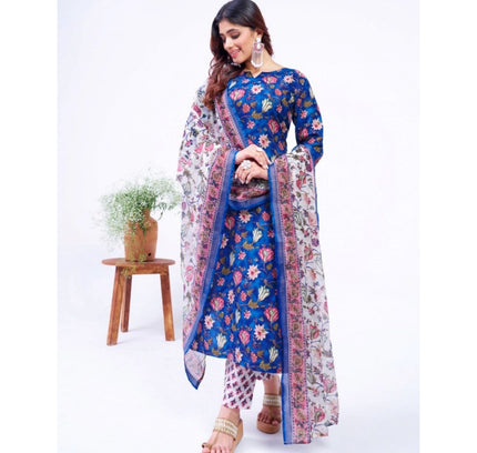 Women's Cotton Blend Printed Kurti With Pant Dupatta Set (Blue)