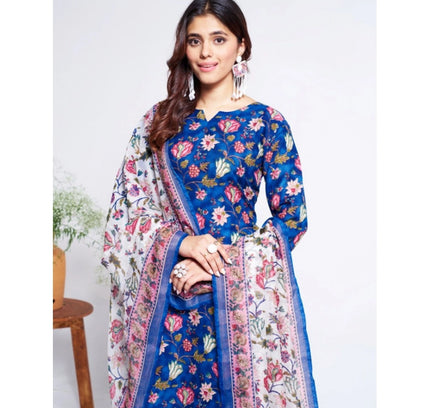 Women's Cotton Blend Printed Kurti With Pant Dupatta Set (Blue)