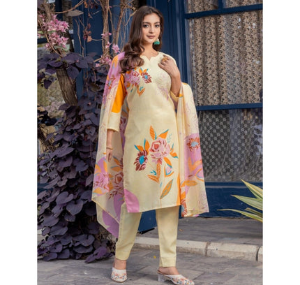 Women's Cotton Blend Printed Kurti With Pant Dupatta Set (Cream)