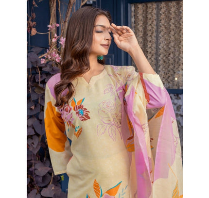 Women's Cotton Blend Printed Kurti With Pant Dupatta Set (Cream)