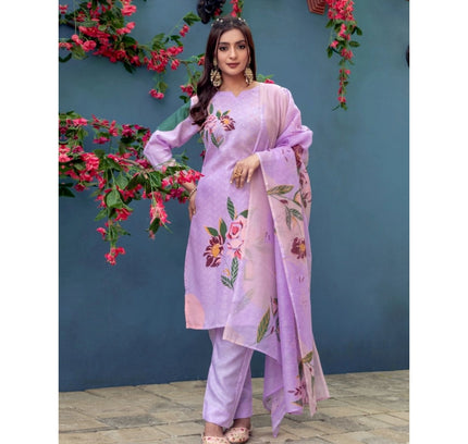 Women's Cotton Blend Printed Kurti With Pant Dupatta Set (Lavender)