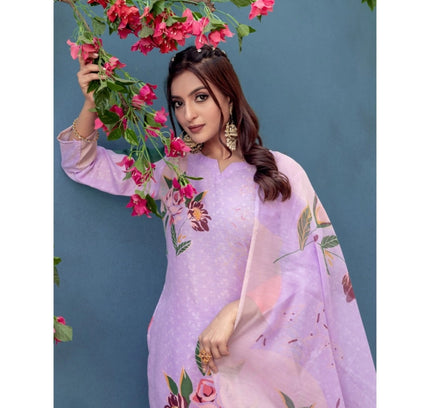 Women's Cotton Blend Printed Kurti With Pant Dupatta Set (Lavender)