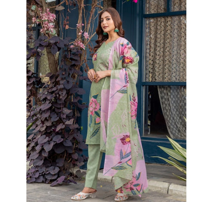 Women's Cotton Blend Printed Kurti With Pant Dupatta Set (Mehendi)