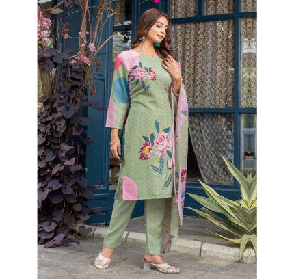 Women's Cotton Blend Printed Kurti With Pant Dupatta Set (Mehendi)
