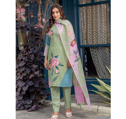 Women's Cotton Blend Printed Kurti With Pant Dupatta Set (Mehendi)