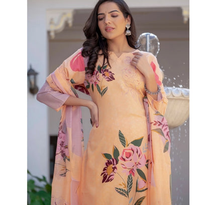 Women's Cotton Blend Printed Kurti With Pant Dupatta Set (Orange)