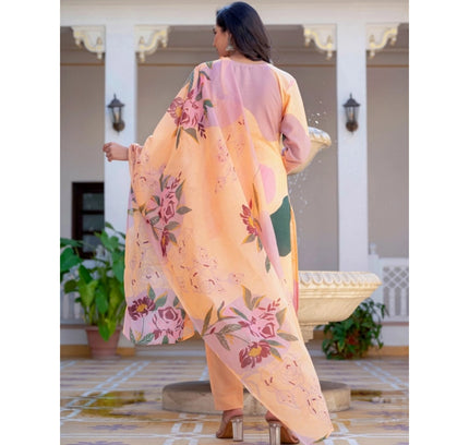 Women's Cotton Blend Printed Kurti With Pant Dupatta Set (Orange)