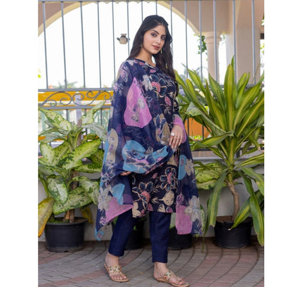 Women's Cotton Blend Printed Kurti With Pant Dupatta Set (NavyBlue)