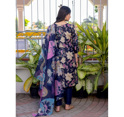 Women's Cotton Blend Printed Kurti With Pant Dupatta Set (NavyBlue)