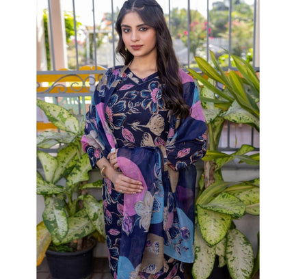 Women's Cotton Blend Printed Kurti With Pant Dupatta Set (NavyBlue)