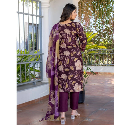 Women's Cotton Blend Printed Kurti With Pant Dupatta Set (Purple)