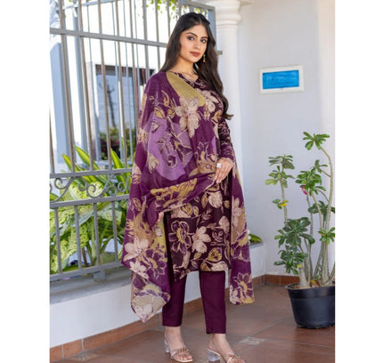 Women's Cotton Blend Printed Kurti With Pant Dupatta Set (Purple)