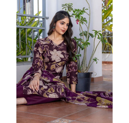 Women's Cotton Blend Printed Kurti With Pant Dupatta Set (Purple)