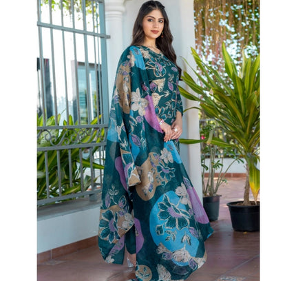 Women's Cotton Blend Printed Kurti With Pant Dupatta Set (Rama)