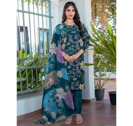 Women's Cotton Blend Printed Kurti With Pant Dupatta Set (Rama)