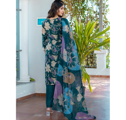 Women's Cotton Blend Printed Kurti With Pant Dupatta Set (Rama)
