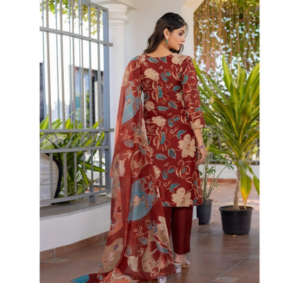 Women's Cotton Blend Printed Kurti With Pant Dupatta Set (Rust)