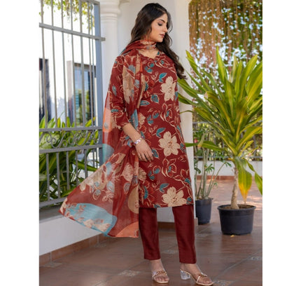 Women's Cotton Blend Printed Kurti With Pant Dupatta Set (Rust)