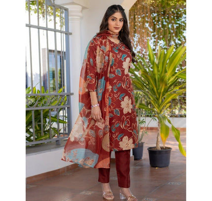 Women's Cotton Blend Printed Kurti With Pant Dupatta Set (Rust)