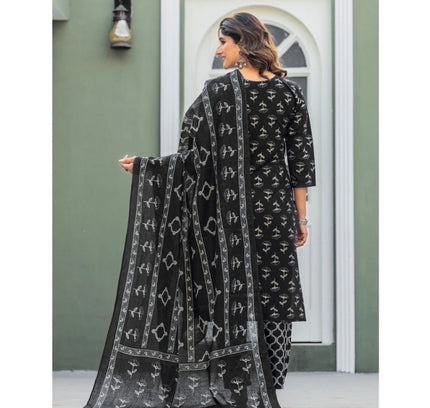 Women's Cotton Blend Printed Kurti With Pant Dupatta Set (Black)