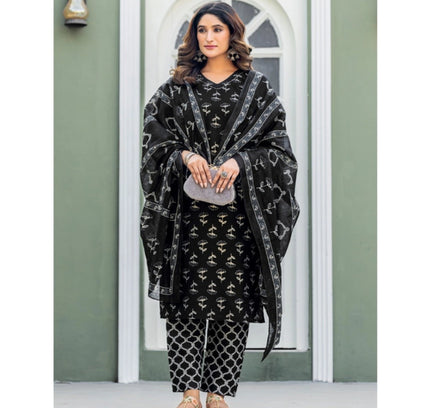 Women's Cotton Blend Printed Kurti With Pant Dupatta Set (Black)