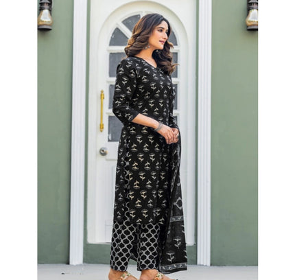 Women's Cotton Blend Printed Kurti With Pant Dupatta Set (Black)