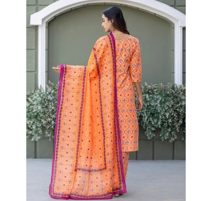 Women's Cotton Blend Printed Kurti With Pant Dupatta Set (Coral)
