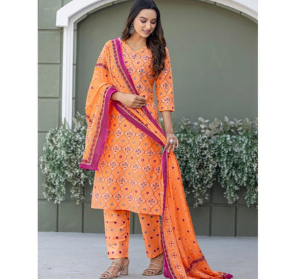 Women's Cotton Blend Printed Kurti With Pant Dupatta Set (Coral)