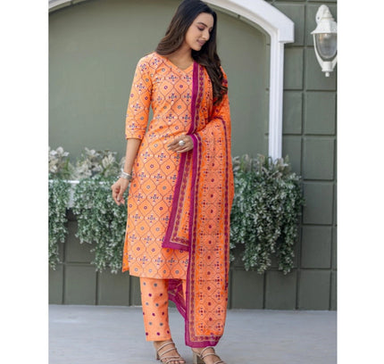 Women's Cotton Blend Printed Kurti With Pant Dupatta Set (Coral)