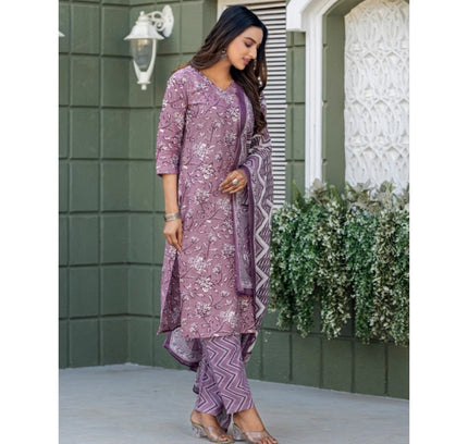 Women's Cotton Blend Printed Kurti With Pant Dupatta Set (Lavender)