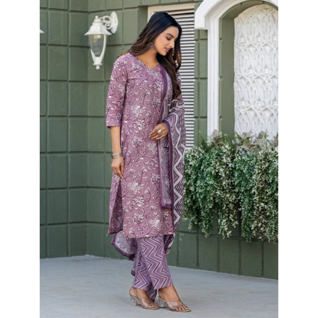 Women's Cotton Blend Printed Kurti With Pant Dupatta Set (Lavender)