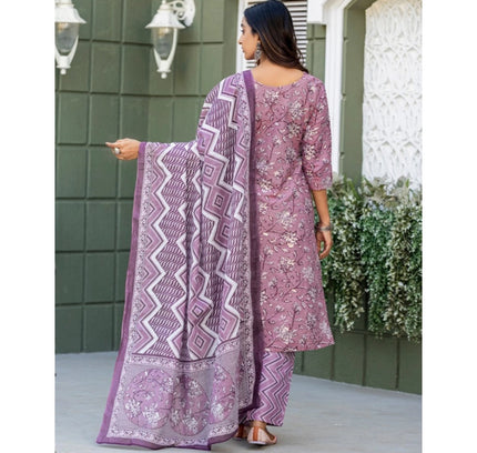 Women's Cotton Blend Printed Kurti With Pant Dupatta Set (Lavender)