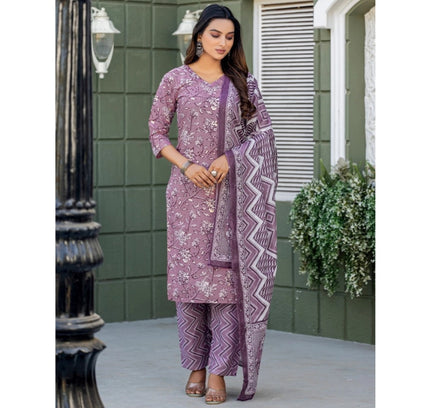 Women's Cotton Blend Printed Kurti With Pant Dupatta Set (Lavender)