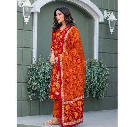 Women's Cotton Blend Printed Kurti With Pant Dupatta Set (Maroon)