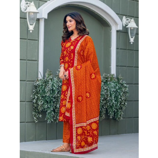 Women's Cotton Blend Printed Kurti With Pant Dupatta Set (Maroon)