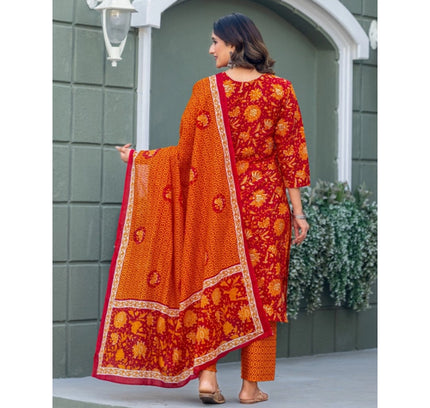 Women's Cotton Blend Printed Kurti With Pant Dupatta Set (Maroon)