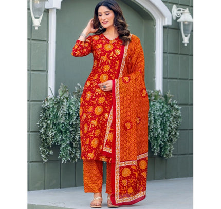 Women's Cotton Blend Printed Kurti With Pant Dupatta Set (Maroon)