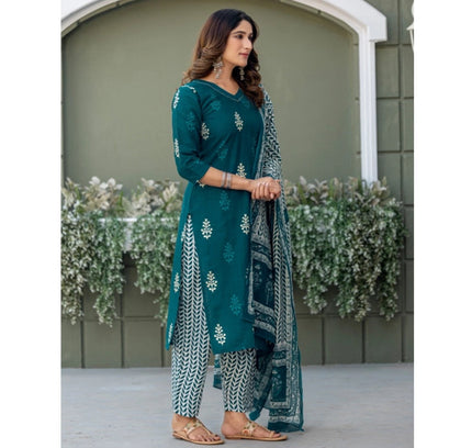 Women's Cotton Blend Printed Kurti With Pant Dupatta Set (Morpichh)