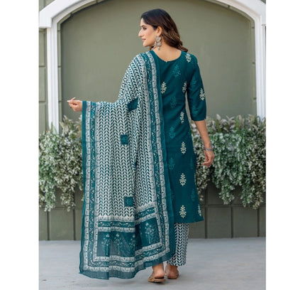 Women's Cotton Blend Printed Kurti With Pant Dupatta Set (Morpichh)