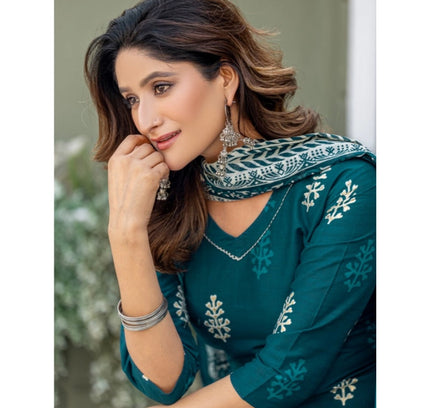 Women's Cotton Blend Printed Kurti With Pant Dupatta Set (Morpichh)