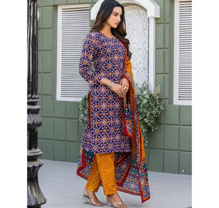 Women's Cotton Blend Printed Kurti With Pant Dupatta Set (Navy Blue)