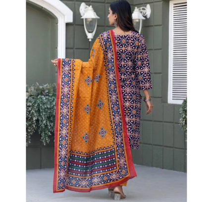 Women's Cotton Blend Printed Kurti With Pant Dupatta Set (Navy Blue)