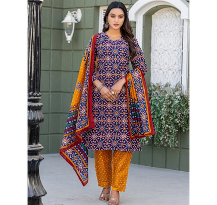 Women's Cotton Blend Printed Kurti With Pant Dupatta Set (Navy Blue)
