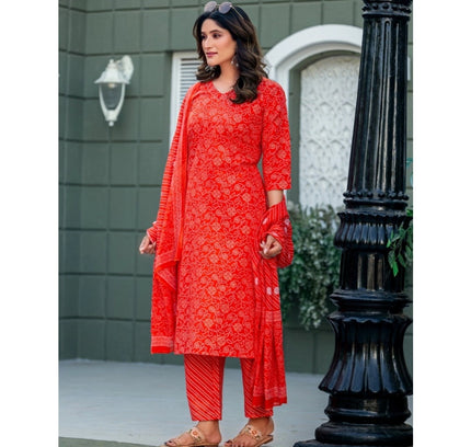 Women's Cotton Blend Printed Kurti With Pant Dupatta Set (Orange)